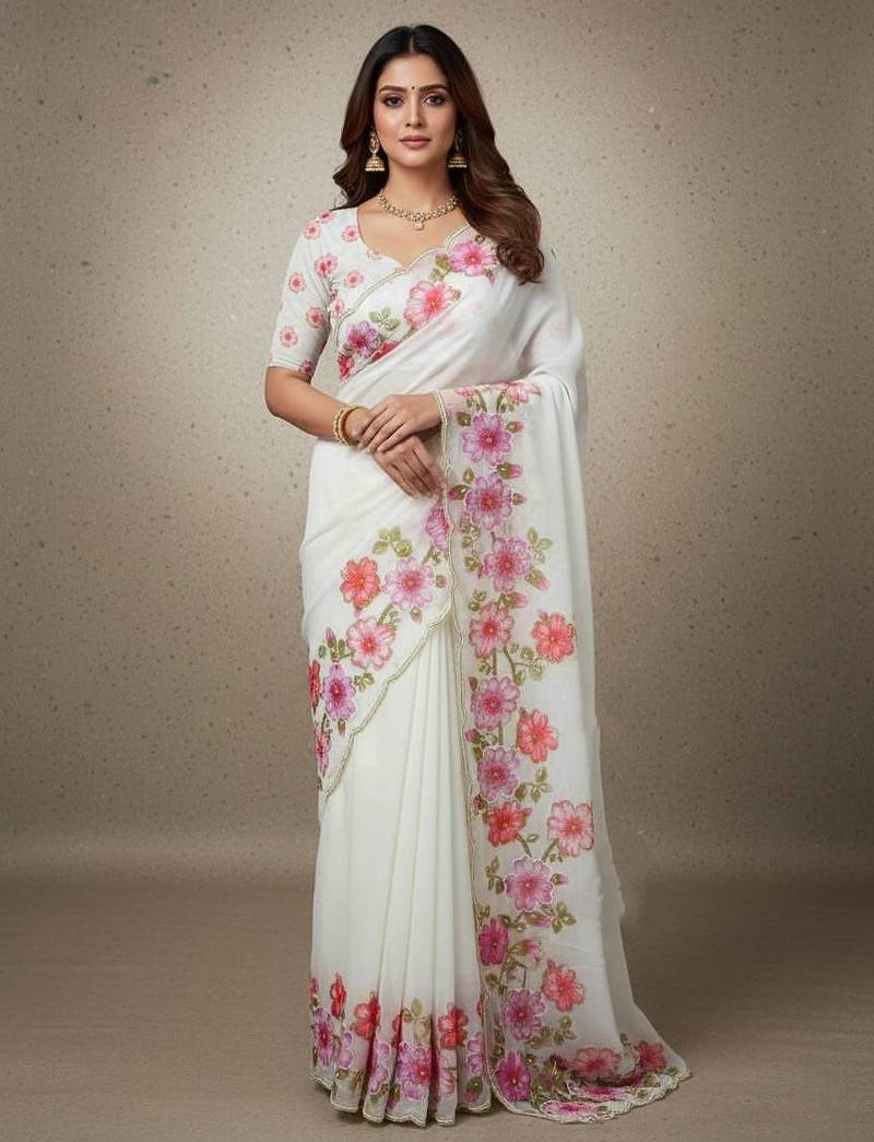 Pink  Color  Floral Print With Pearls and Pipe Hand Work Organza Saree