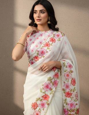 Pink  Color  Floral Print With Pearls and Pipe Hand Work Organza Saree 2