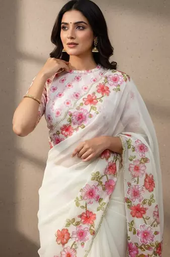 Pink  Color  Floral Print With Pearls and Pipe Hand Work Organza Saree