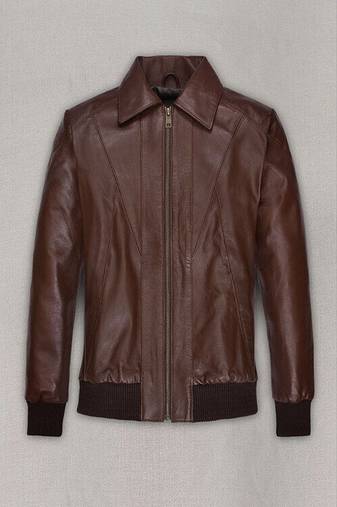 men's brown lambskin leather bomber jacket ribbed cuffs and waist genuine