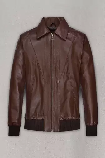 Stylish men's ribbed cuffs pure lambskin brown leather bomber jacket