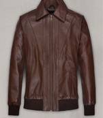 Stylish men's ribbed cuffs pure lambskin brown leather bomber jacket