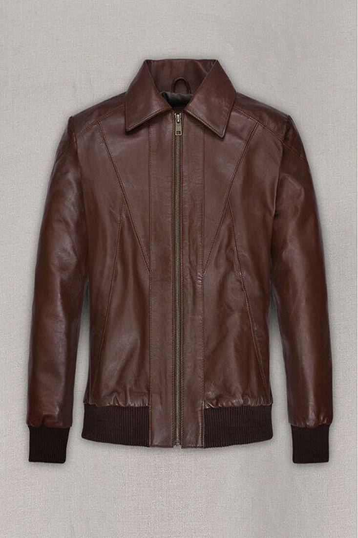 Stylish men's ribbed cuffs pure lambskin brown leather bomber jacket