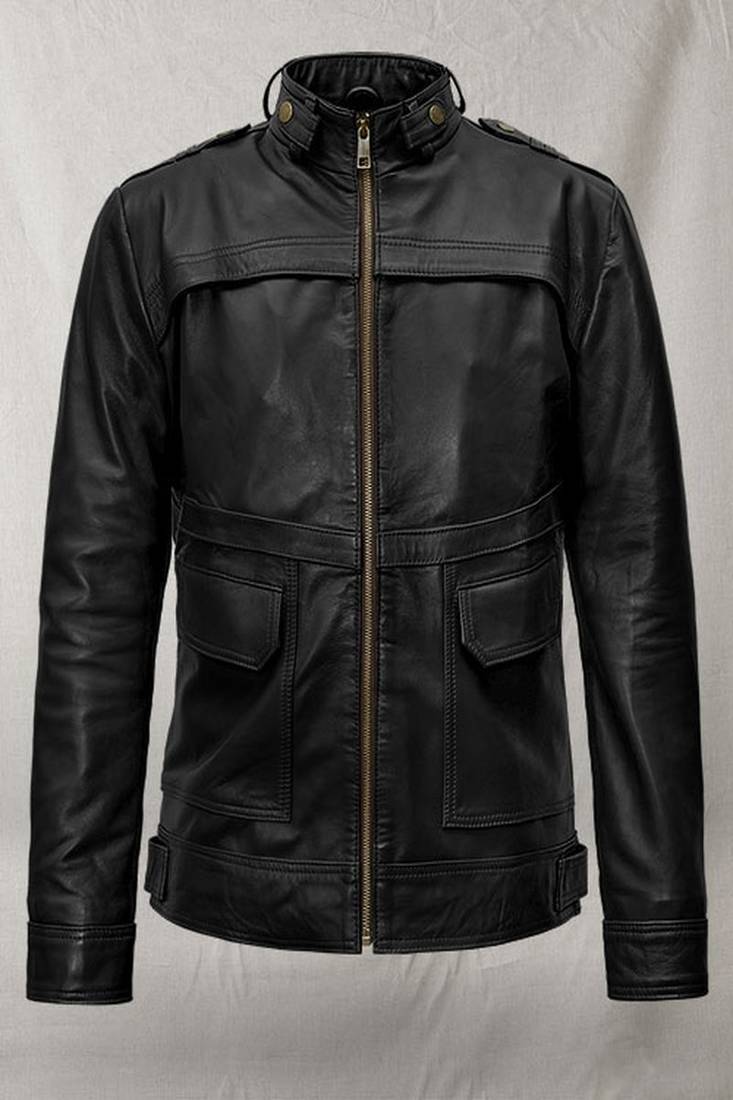Straight zip black pockets lambskin jacket slim fit moto band collar style