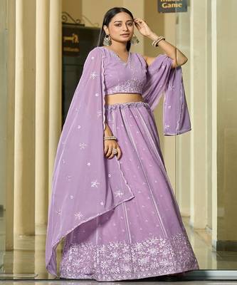 Embroidered Thread Work Semi Stitched Lehenga & Unstitched Blouse With Dupatta 3