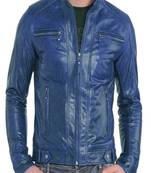 men's blue lambskin leather biker jacket classic zip up style