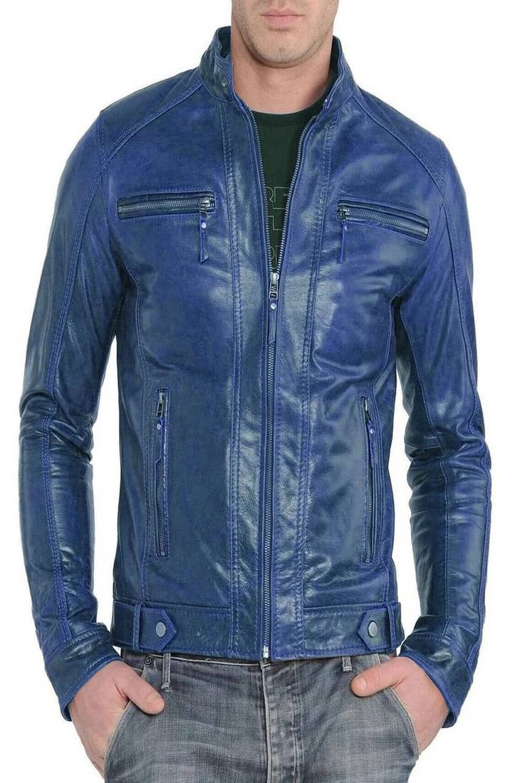 Men's cuff racer blue leather straight zip pockets lambskin jacket slim fit moto style