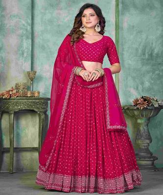 Embroidered V Neck Semi Stitched Lehenga & Unstitched Blouse With Dupatta 1
