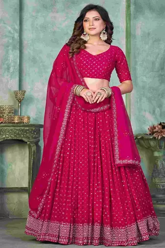 Embroidered V Neck Semi Stitched Lehenga & Unstitched Blouse With Dupatta