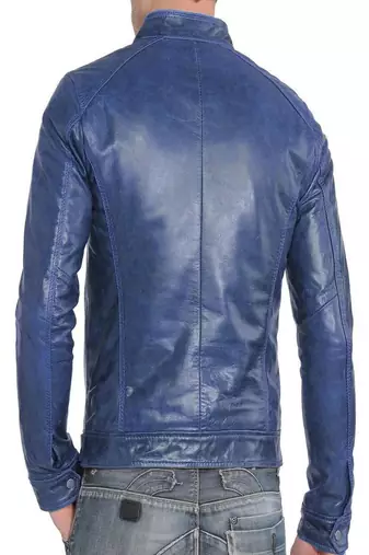 men's blue lambskin leather biker jacket classic zip up style