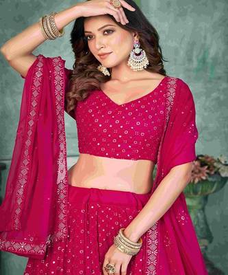 Embroidered V Neck Semi Stitched Lehenga & Unstitched Blouse With Dupatta 2