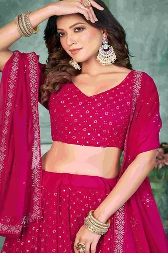 Embroidered V Neck Semi Stitched Lehenga & Unstitched Blouse With Dupatta