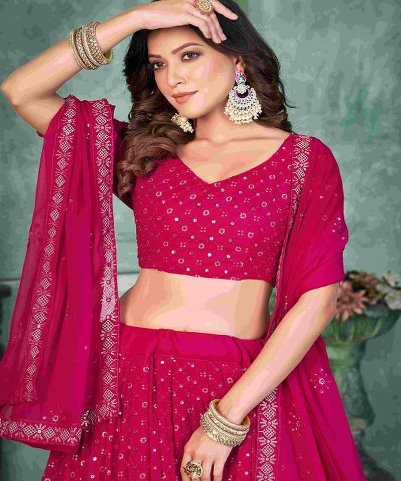 Embroidered V Neck Semi Stitched Lehenga & Unstitched Blouse With Dupatta