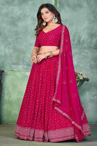 Embroidered V Neck Semi Stitched Lehenga & Unstitched Blouse With Dupatta
