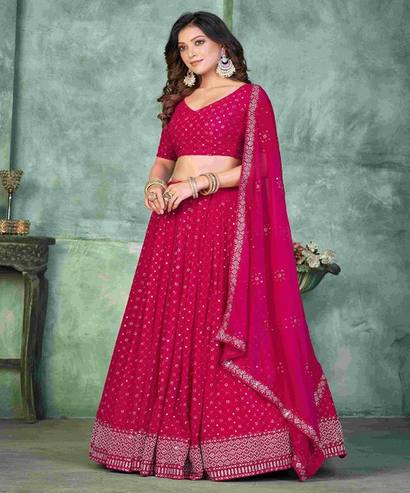 Embroidered V Neck Semi Stitched Lehenga & Unstitched Blouse With Dupatta