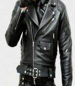 Men's asymmetrical zip lambskin black leather jacket wide lapel collar jacket