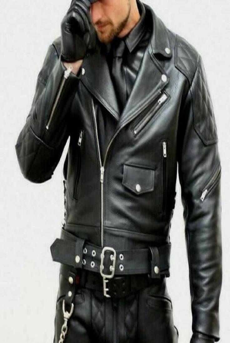 Men's asymmetrical zip lambskin black leather jacket wide lapel collar jacket
