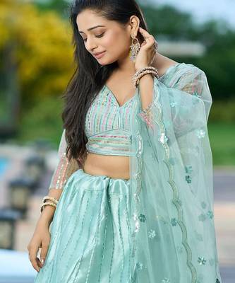 Embroidered Thread Work Semi Stitched Lehenga & Unstitched Blouse With Dupatta 2