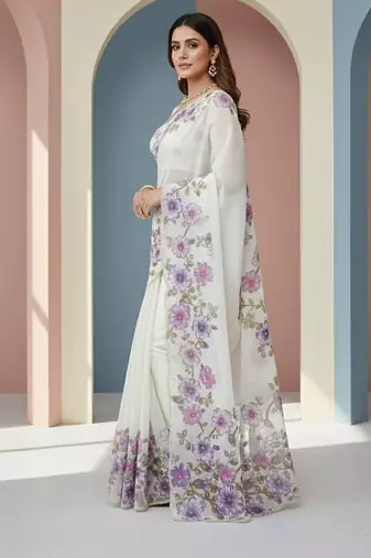 Purple Color  Floral Print With Pearls and Pipe Hand Work Organza Saree