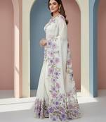 Purple Color  Floral Print With Pearls and Pipe Hand Work Organza Saree