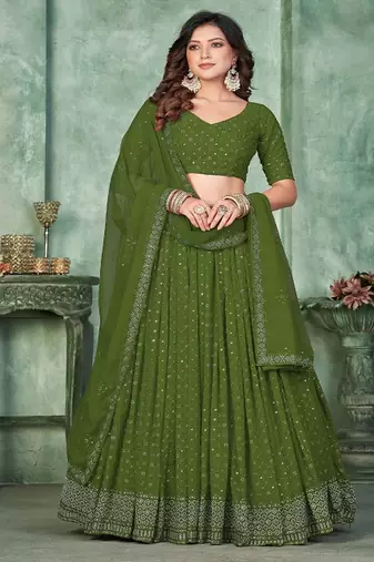 Embroidered Semi Stitched Lehenga & Unstitched Blouse With Dupatta