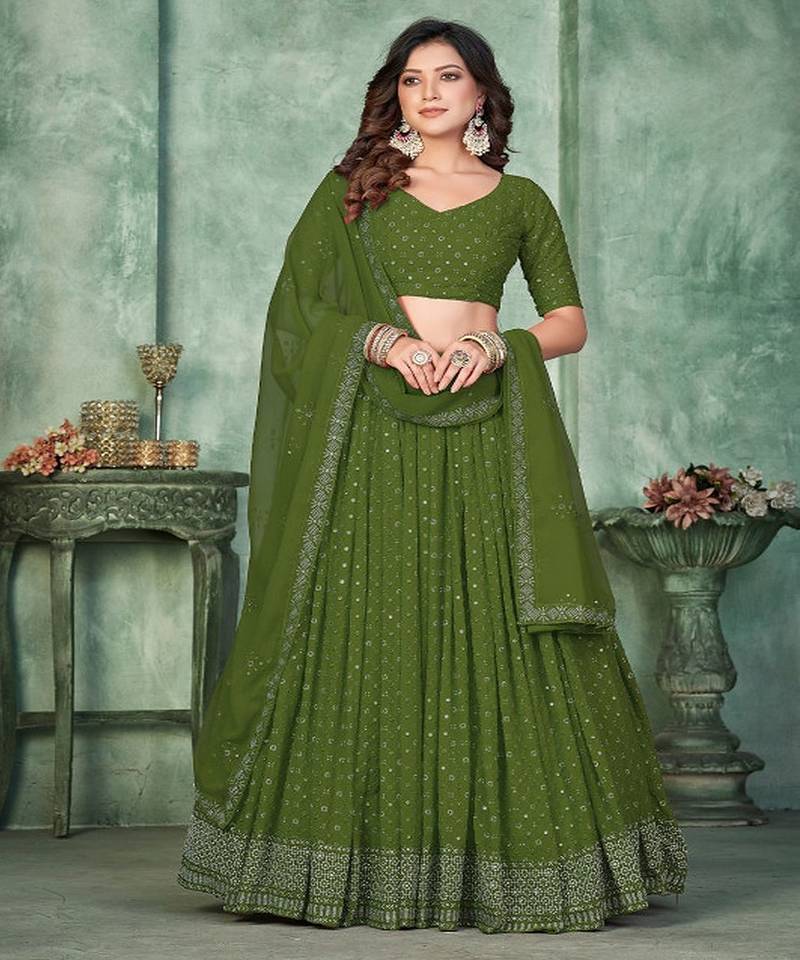 Embroidered Semi Stitched Lehenga & Unstitched Blouse With Dupatta