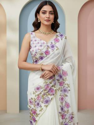 Purple Color  Floral Print With Pearls and Pipe Hand Work Organza Saree 2