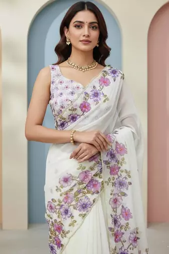 Purple Color  Floral Print With Pearls and Pipe Hand Work Organza Saree