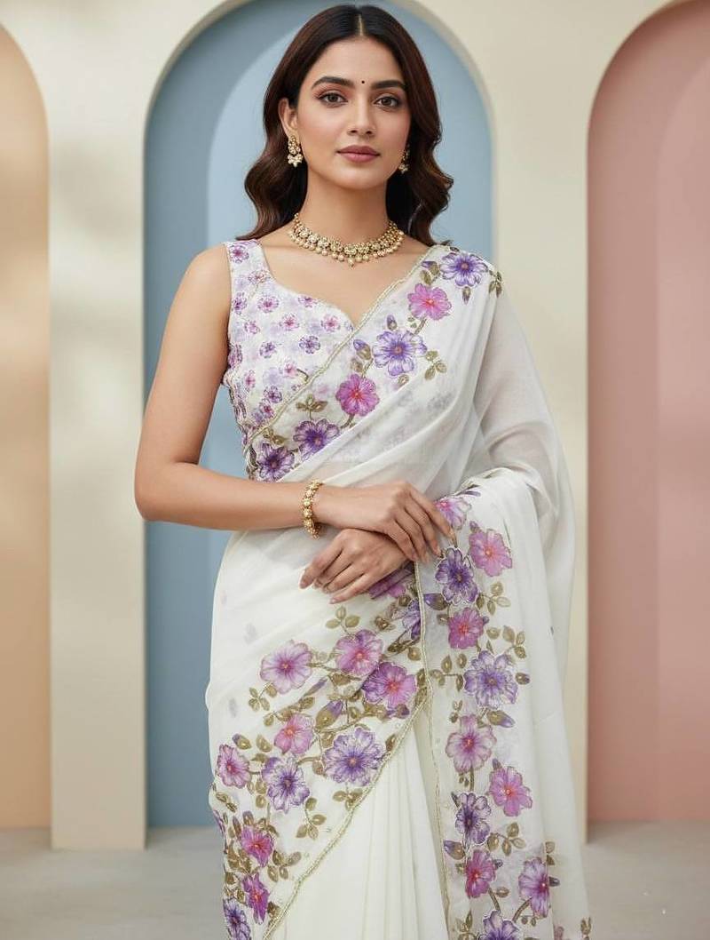 Purple Color  Floral Print With Pearls and Pipe Hand Work Organza Saree