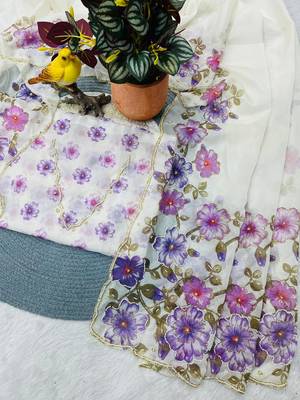 Purple Color  Floral Print With Pearls and Pipe Hand Work Organza Saree 3