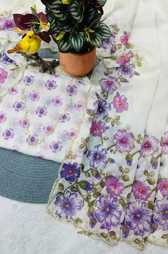 Purple Color  Floral Print With Pearls and Pipe Hand Work Organza Saree