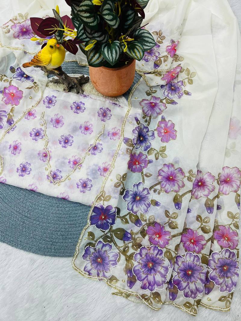 Purple Color  Floral Print With Pearls and Pipe Hand Work Organza Saree