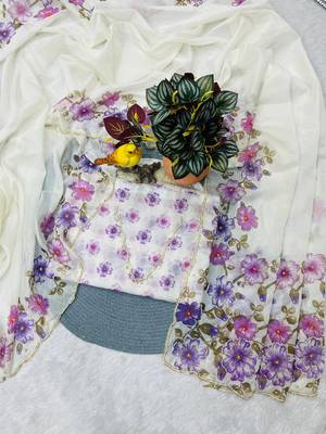Purple Color  Floral Print With Pearls and Pipe Hand Work Organza Saree 4