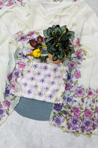 Purple Color  Floral Print With Pearls and Pipe Hand Work Organza Saree