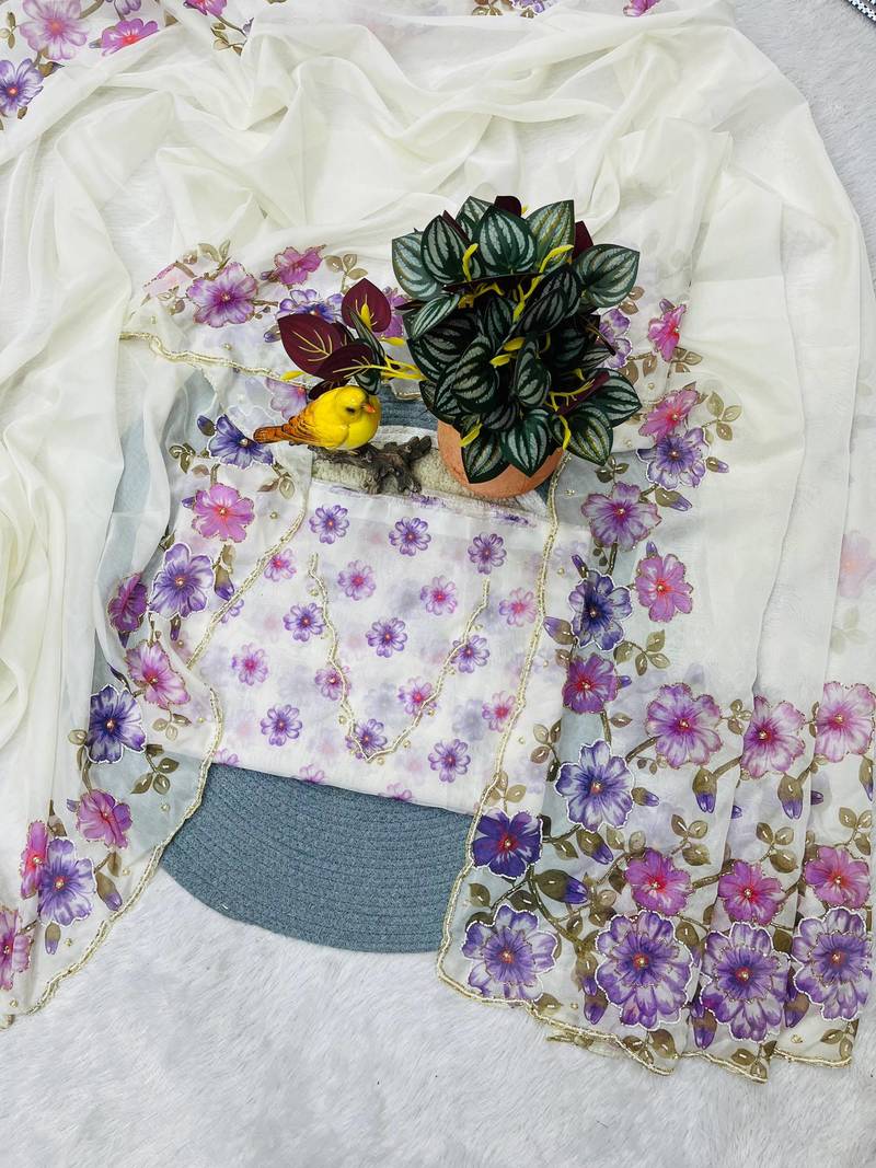 Purple Color  Floral Print With Pearls and Pipe Hand Work Organza Saree