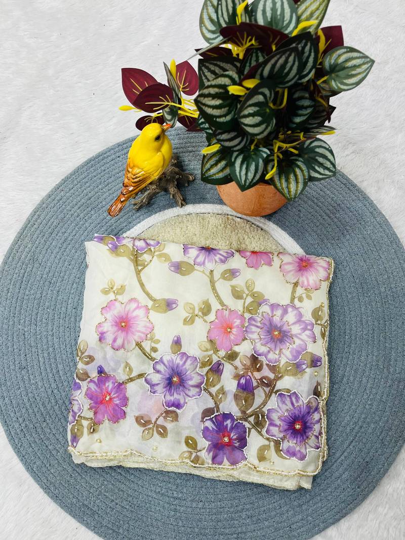 Purple Color  Floral Print With Pearls and Pipe Hand Work Organza Saree
