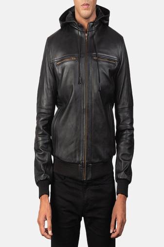 men's black lambskin leather bomber jacket ribbed cuffs and waist classic