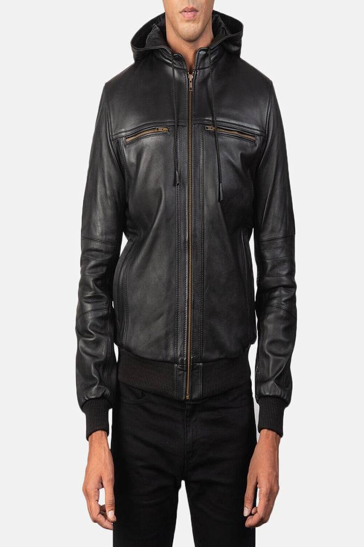 Stylish bomber-style classic look  black pure lambskin leather jacket chest pocket style