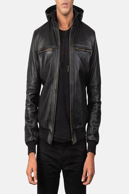 men's black lambskin leather bomber jacket ribbed cuffs and waist classic 2