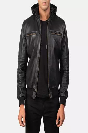 men's black lambskin leather bomber jacket ribbed cuffs and waist classic