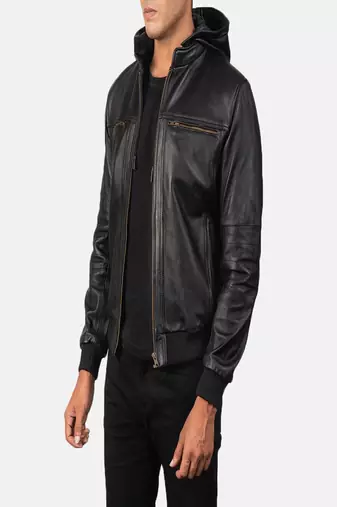 men's black lambskin leather bomber jacket ribbed cuffs and waist classic