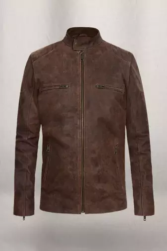 Men's genuine pure lambskin dark brown leather jacket band collar classic style