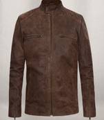 Men's genuine pure lambskin dark brown leather jacket band collar classic style
