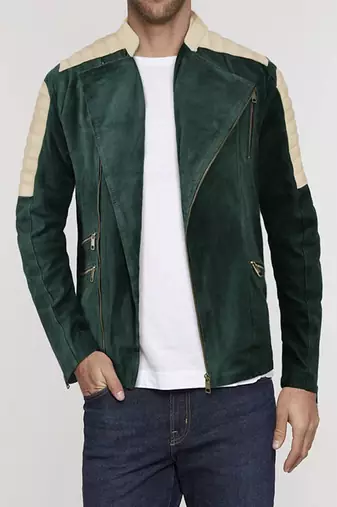 Men's deep green suede pure lambskin leather jacket white padded shoulder chris evans style