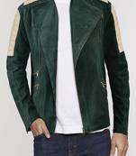 Men's deep green suede pure lambskin leather jacket white padded shoulder chris evans style