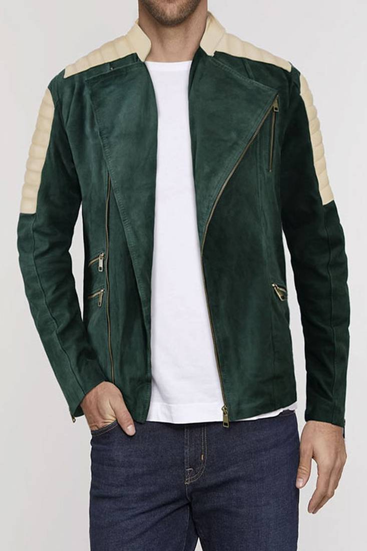 Men's deep green suede pure lambskin leather jacket white padded shoulder chris evans style