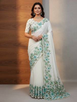 Teal Color  Floral Print With Pearls and Pipe Hand Work Organza Saree 1