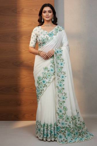 Teal Color  Floral Print With Pearls and Pipe Hand Work Organza Saree