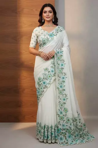 Teal Color  Floral Print With Pearls and Pipe Hand Work Organza Saree