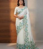 Teal Color  Floral Print With Pearls and Pipe Hand Work Organza Saree
